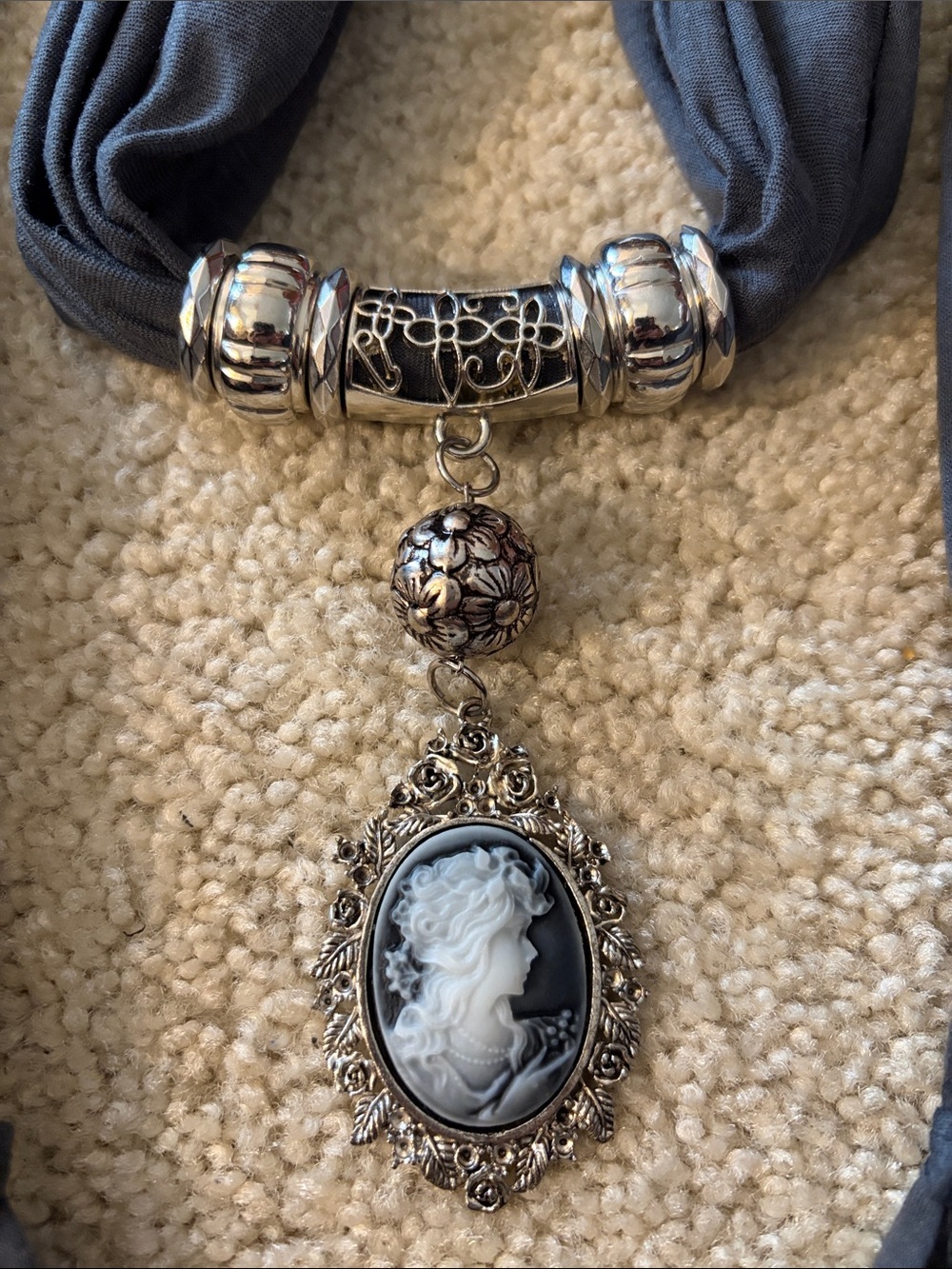 Gray Cameo Pendant Scarf Necklace - Women's Fashion Jewelry - Picture 2 of 14